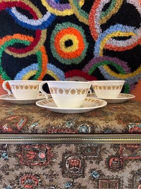 Three Vintage Corelle Butterfly Gold Tea Cups and Saucers